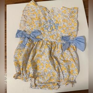 Cecil and Lou Yellow Floral Baby Romper with Blue Bows - EBW Initials